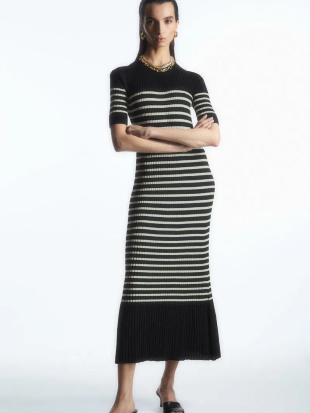 COS Striped Black and White Ribbed Short Sleeve Body Con Knitted Midi Dress, S